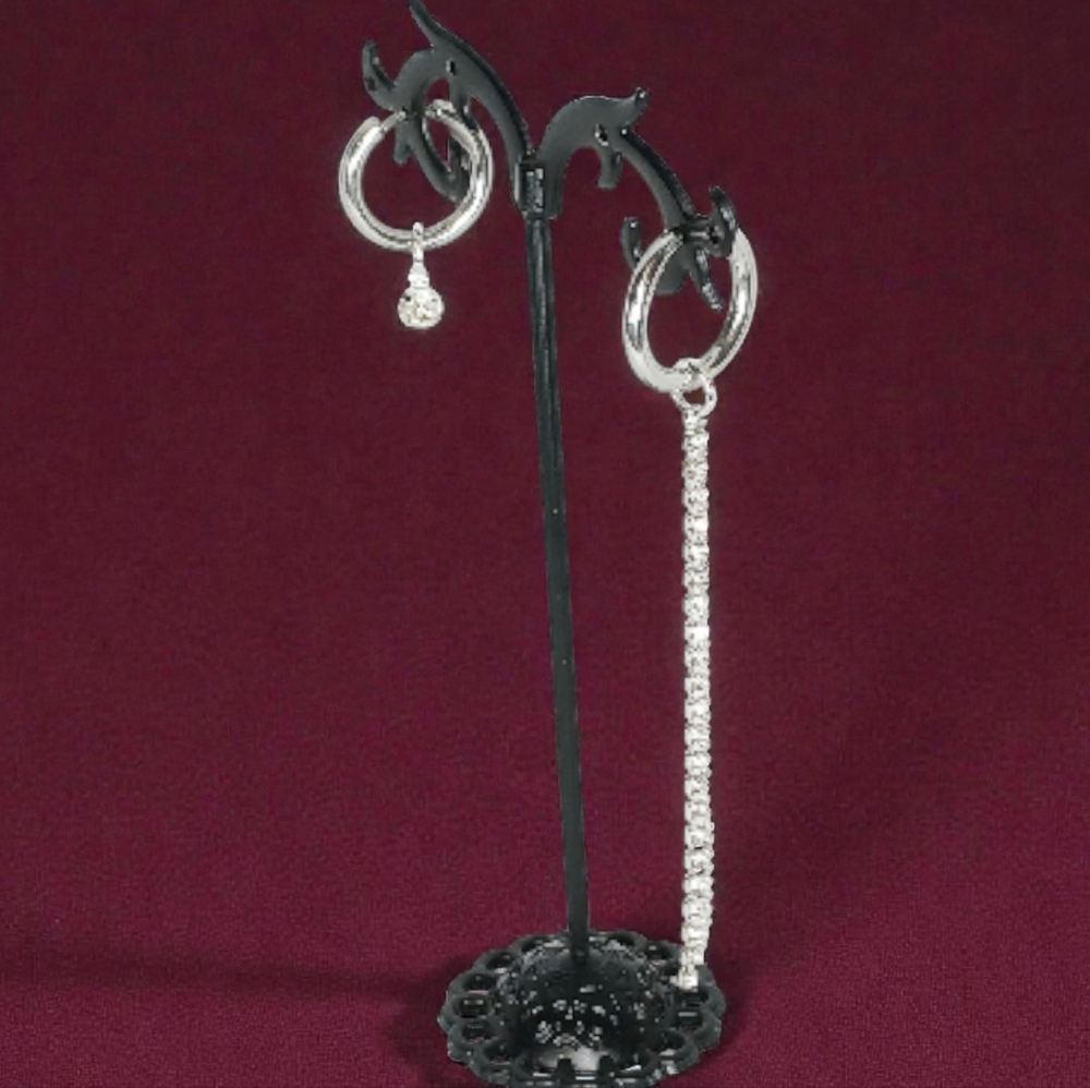 Silver Crystal Huggie Earring Set Rhinestone Chain Fringe Glam Luxe Bling Preppy - Picture 6 of 10